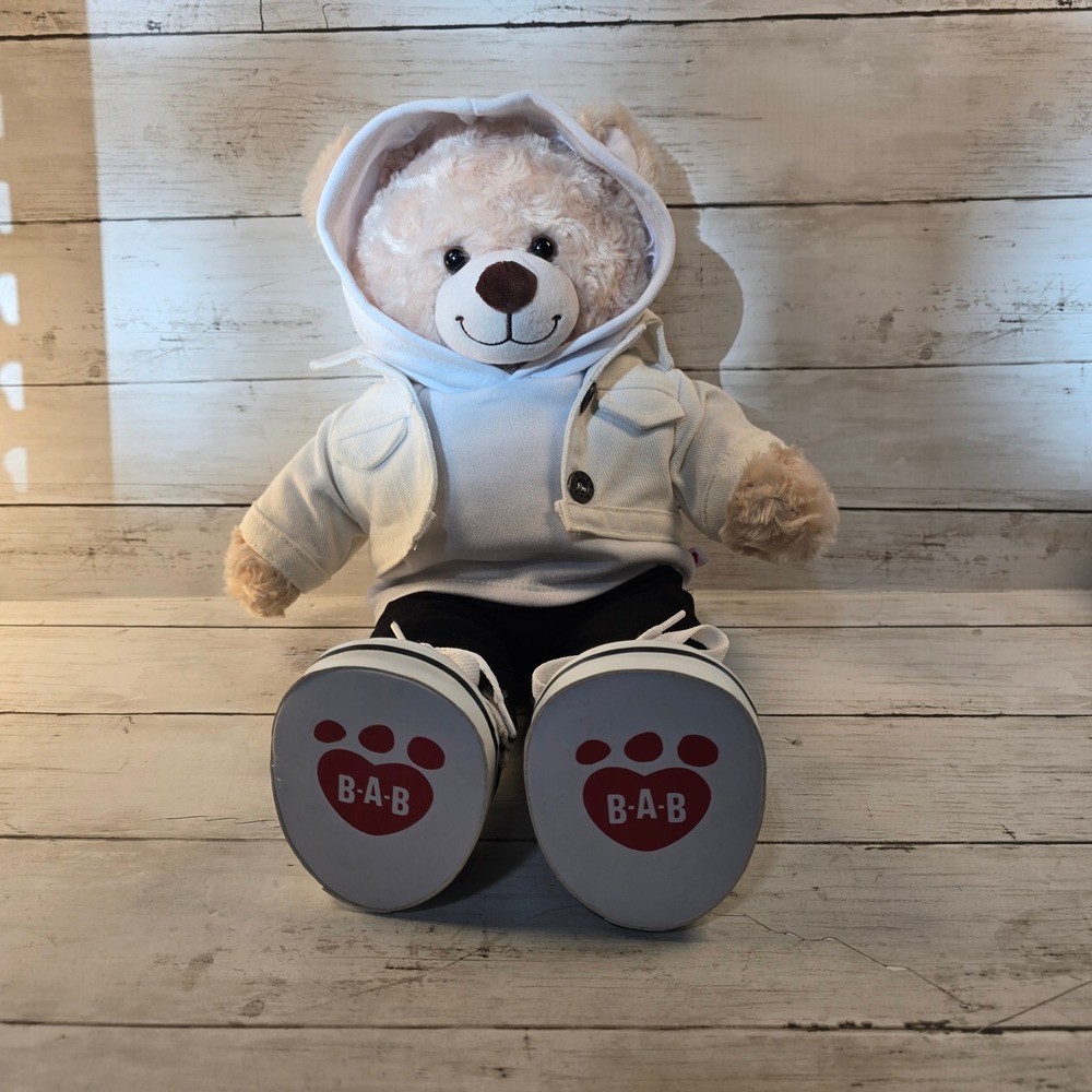 Build-A-Bear Workshop Tan Plush Teddy Bear with White Hoodie Jacket and Shoes